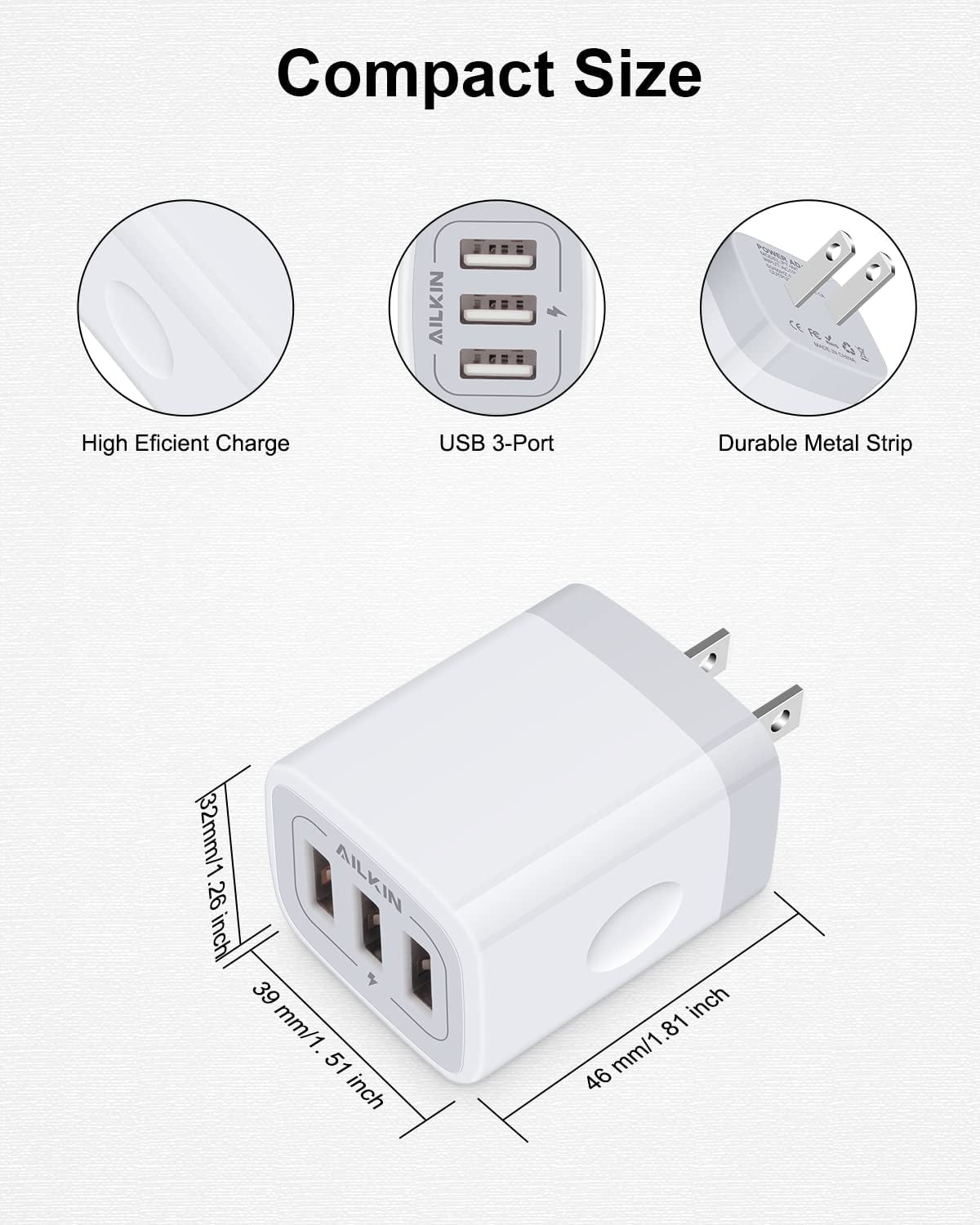 USB Charger Cube Wall Charger Plug  3.1A 3 Muti Port USB Adapter Plug
