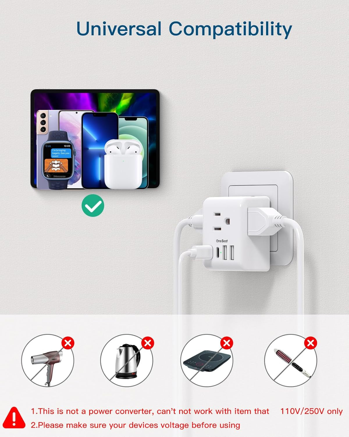 European Travel Plug Adapter with 3 Outlets 4 USB Charging Ports(2 USB C)