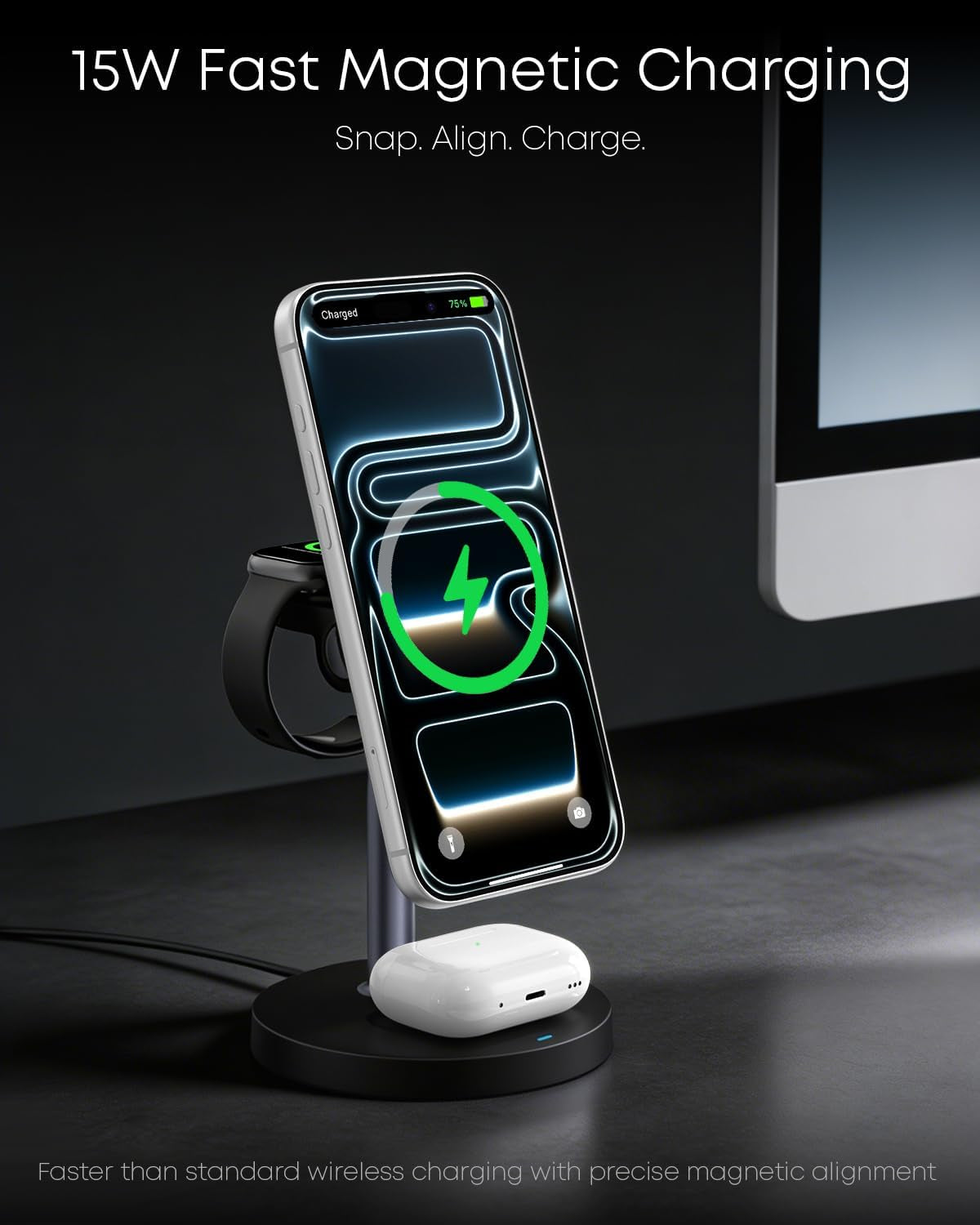 3 in 1 Magnetic Wireless Charging Station, 15W Charger for Iphone, Black