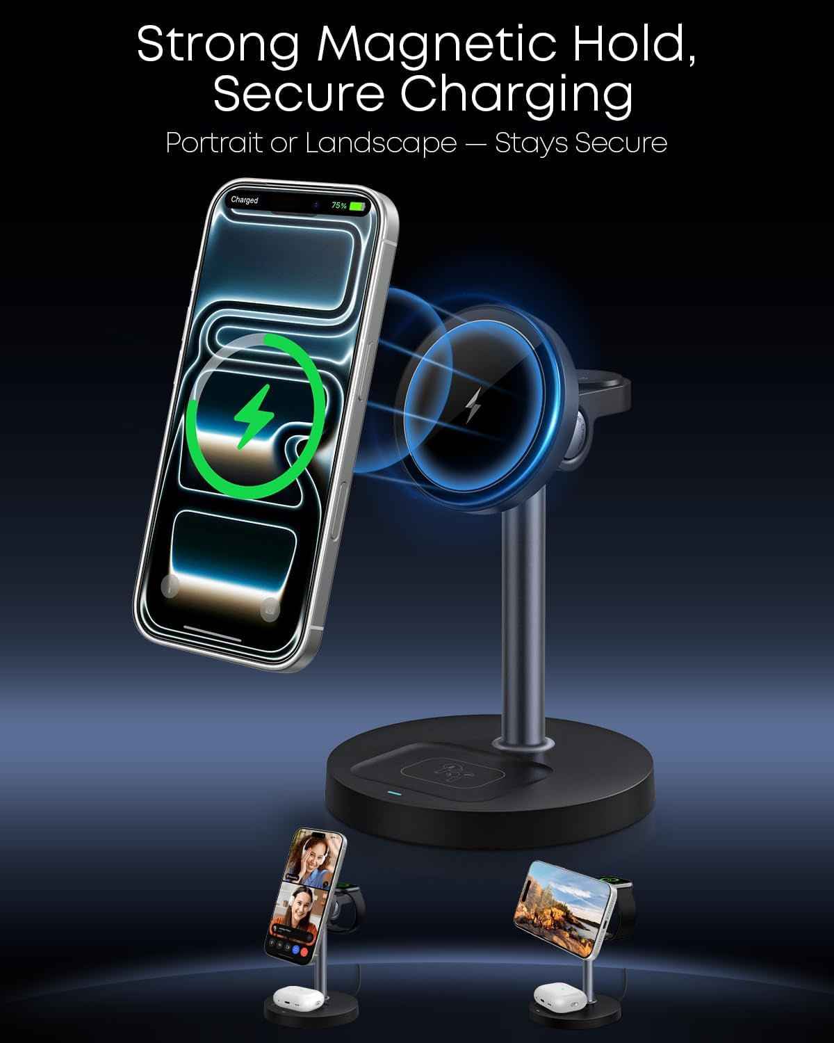 3 in 1 Magnetic Wireless Charging Station, 15W Charger for Iphone, Black