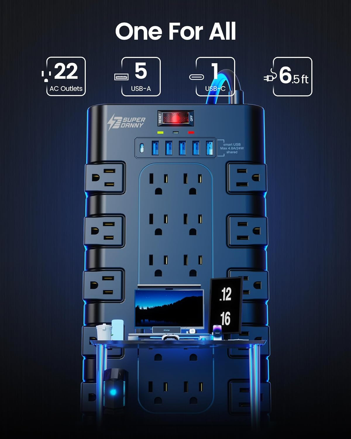 Power Strip Surge Protector, 22 AC 6 USB, 2100J, 6.5Ft,1875W/15A
