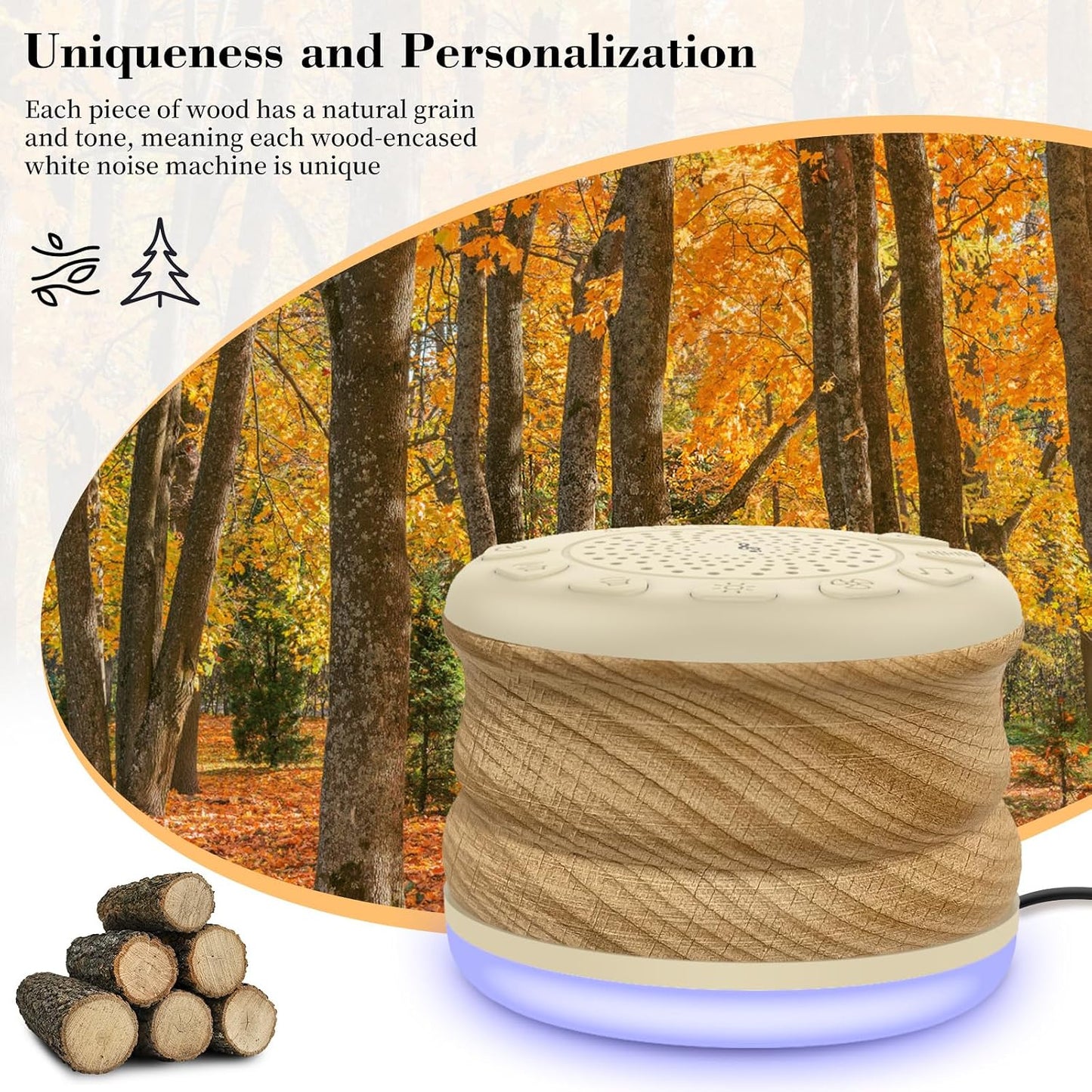 Solid Wood White Noise Sound Machine for Baby Adults Kids Sleep Sound Machine with 24 Soothing Sounds 8 Colors Night Light Timer Setting Function Portable Noise Machine for Gift (Wood, 3.93)