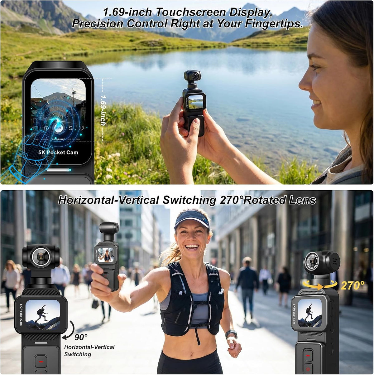 5K Pocket Vlogging Camera Body Camera with Microphone, 5K/20FPS and 4K/60FPS, 1.69'' Touchscreen, 270° Rotating Lens, Face Tracking, Wi-Fi, 6-Axis Stabilization, for Youtube, Travel, Work (128GB)