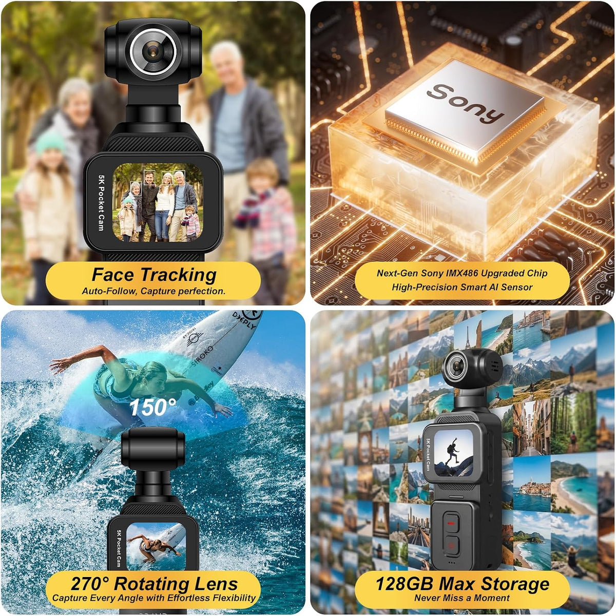 5K Pocket Vlogging Camera Body Camera with Microphone, 5K/20FPS and 4K/60FPS, 1.69'' Touchscreen, 270° Rotating Lens, Face Tracking, Wi-Fi, 6-Axis Stabilization, for Youtube, Travel, Work (128GB)