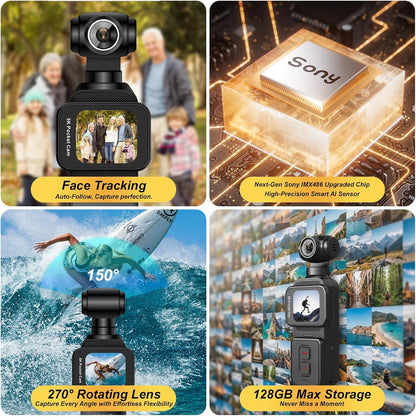 5K Pocket Vlogging Camera Body Camera with Microphone, 5K/20FPS and 4K/60FPS, 1.69'' Touchscreen, 270° Rotating Lens, Face Tracking, Wi-Fi, 6-Axis Stabilization, for Youtube, Travel, Work (128GB)