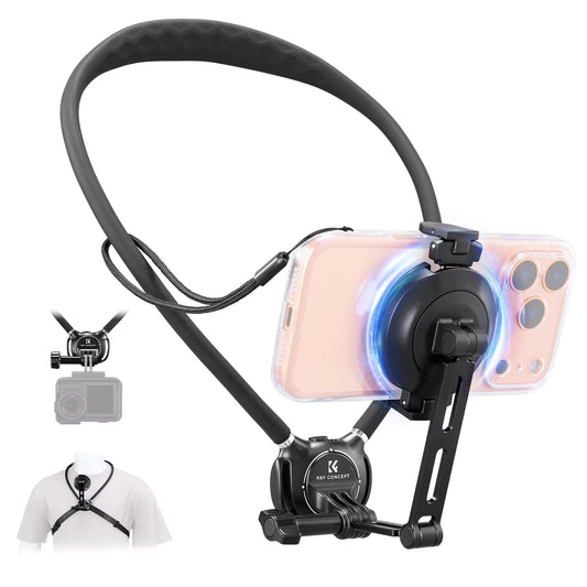 Neck Phone Holder, 2-In-1 Magnetic & Clip-On Phone Neck Holder, POV Phone Holder, Hand Free Chest Stand Compatible with Iphone 17-12 Seires Android Phones