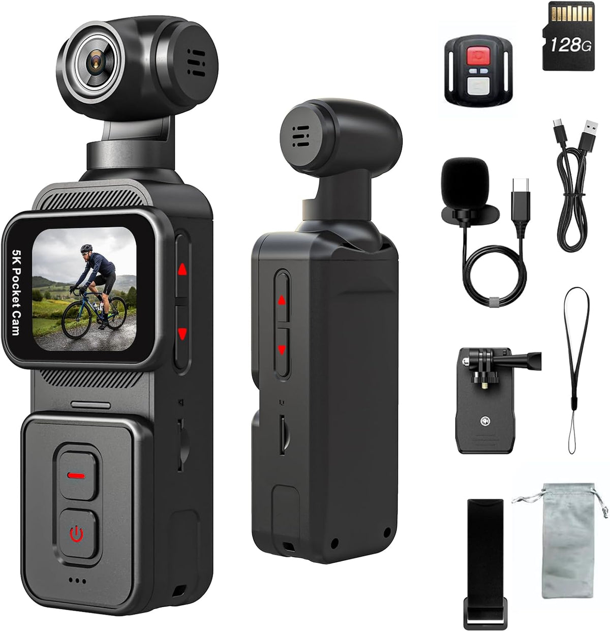5K Pocket Vlogging Camera Body Camera with Microphone, 5K/20FPS and 4K/60FPS, 1.69'' Touchscreen, 270° Rotating Lens, Face Tracking, Wi-Fi, 6-Axis Stabilization, for Youtube, Travel, Work (128GB)