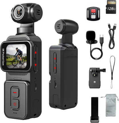 5K Pocket Vlogging Camera Body Camera with Microphone, 5K/20FPS and 4K/60FPS, 1.69'' Touchscreen, 270° Rotating Lens, Face Tracking, Wi-Fi, 6-Axis Stabilization, for Youtube, Travel, Work (128GB)