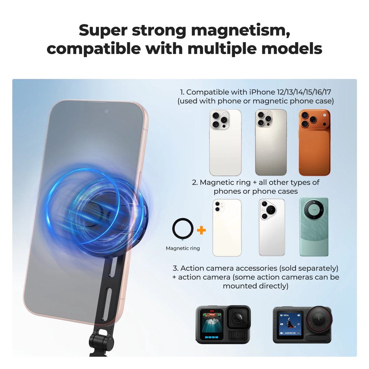 Neck Phone Holder, 2-In-1 Magnetic & Clip-On Phone Neck Holder, POV Phone Holder, Hand Free Chest Stand Compatible with Iphone 17-12 Seires Android Phones