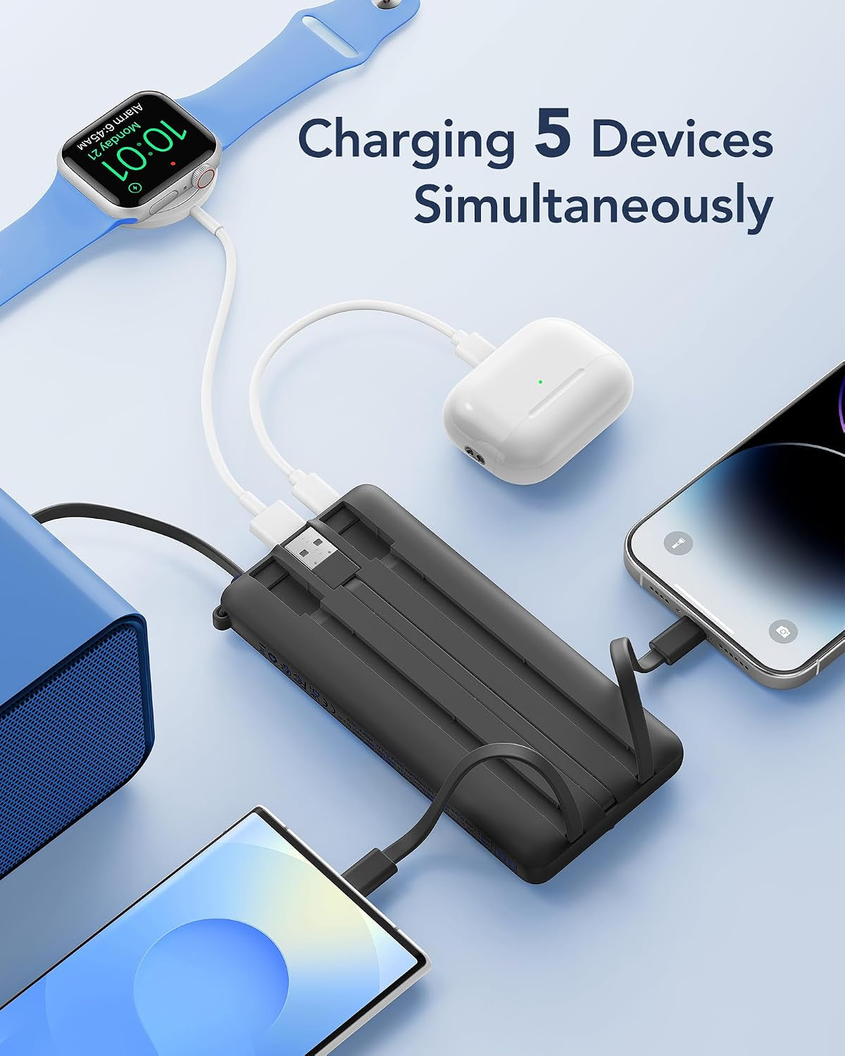 Portable Charger, Slim Power Bank Built-In 4 Cables, Travel Essential