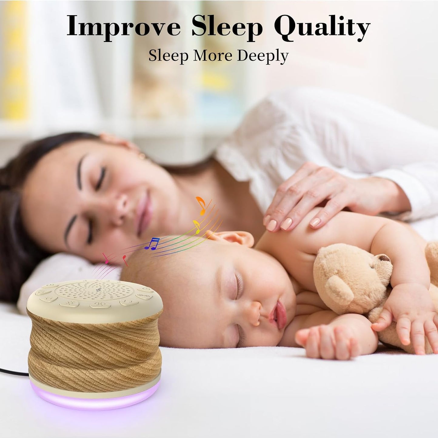Solid Wood White Noise Sound Machine for Baby Adults Kids Sleep Sound Machine with 24 Soothing Sounds 8 Colors Night Light Timer Setting Function Portable Noise Machine for Gift (Wood, 3.93)