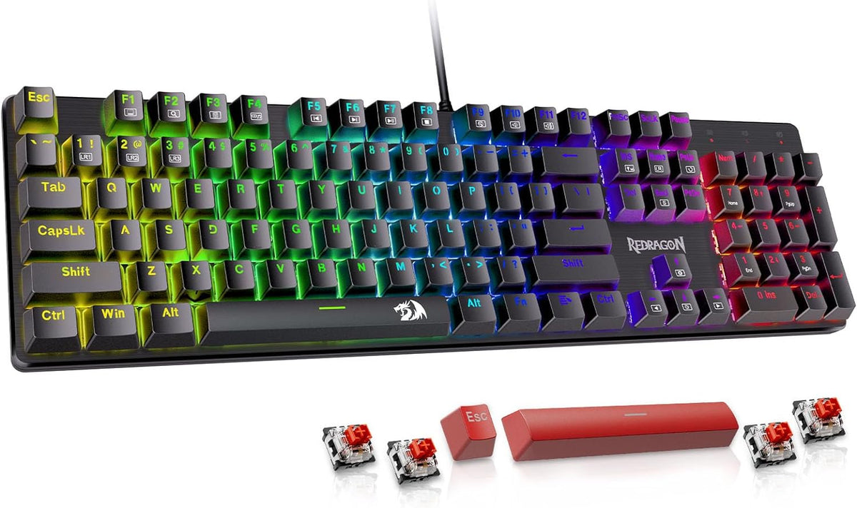 Mechanical Gaming Keyboard Wired, 11 Programmable Backlit Modes, Hot-Swappable Red Switch, Anti-Ghosting, Double-Shot PBT Keycaps, Light up Keyboard for PC Mac