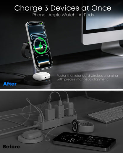 3 in 1 Magnetic Wireless Charging Station, 15W Charger for Iphone, Black