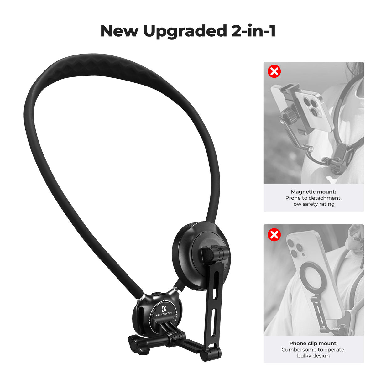Neck Phone Holder, 2-In-1 Magnetic & Clip-On Phone Neck Holder, POV Phone Holder, Hand Free Chest Stand Compatible with Iphone 17-12 Seires Android Phones