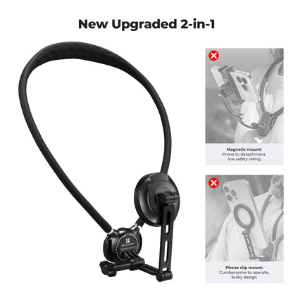 Neck Phone Holder, 2-In-1 Magnetic & Clip-On Phone Neck Holder, POV Phone Holder, Hand Free Chest Stand Compatible with Iphone 17-12 Seires Android Phones