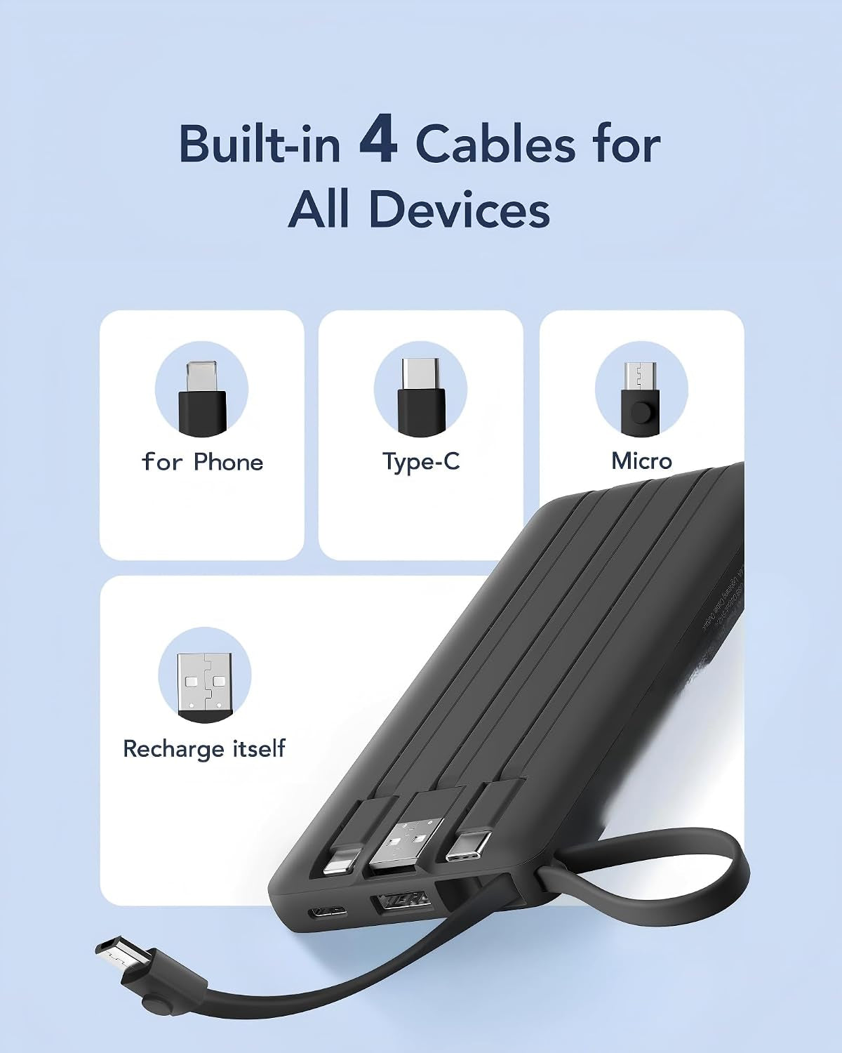 Portable Charger, Slim Power Bank Built-In 4 Cables, Travel Essential